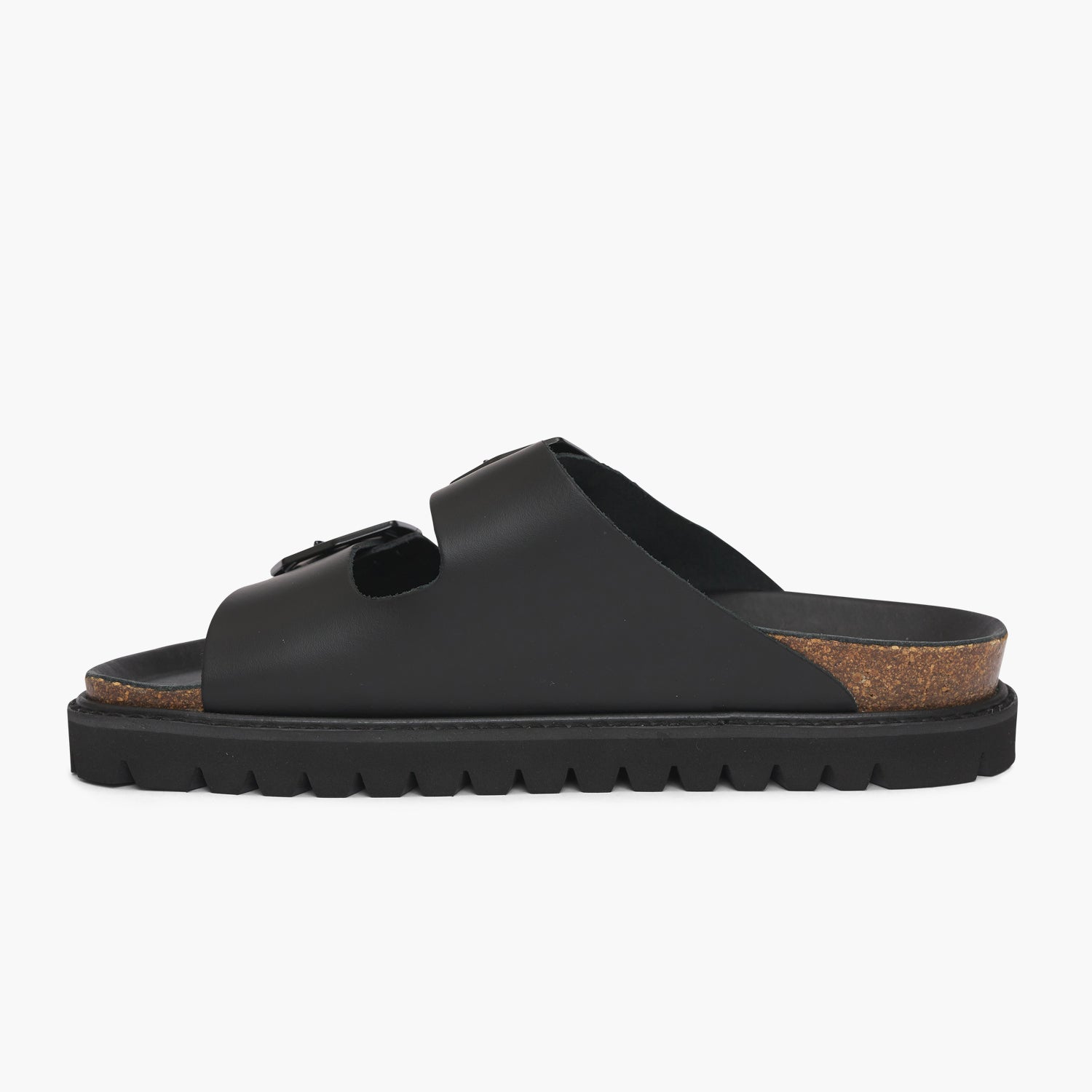 Black leather sandal with two foot straps and chunky sole