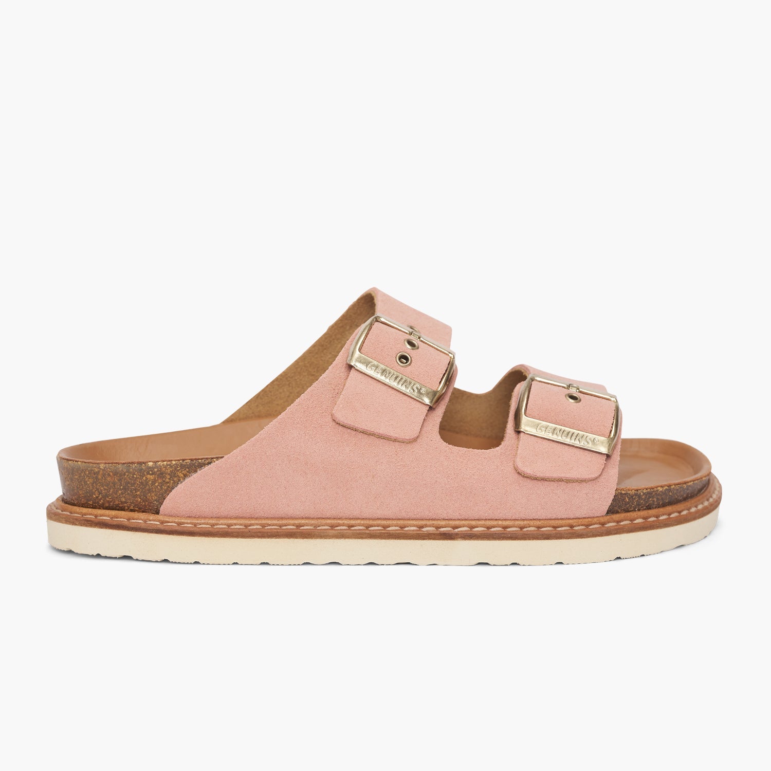 Pink velour leather sandal with double foot straps and welted sole