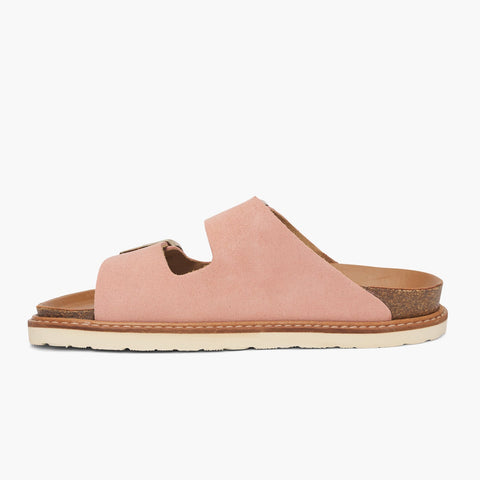 Pink velour leather sandal with double foot straps and welted sole