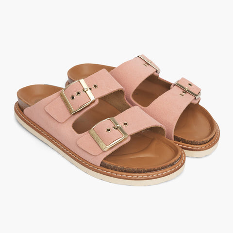 Pink velour leather sandals with double foot straps and welted sole