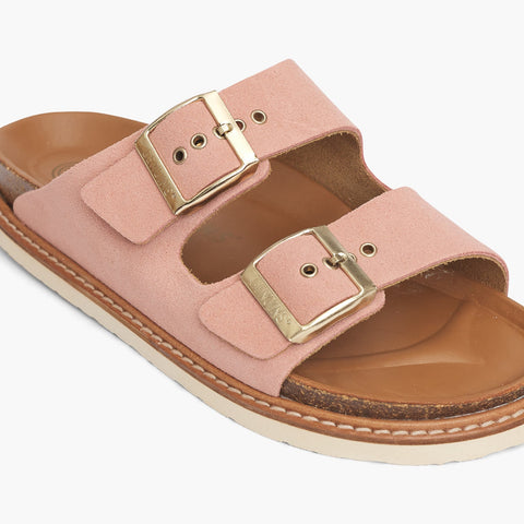Pink velour leather sandal with double foot straps and welted sole