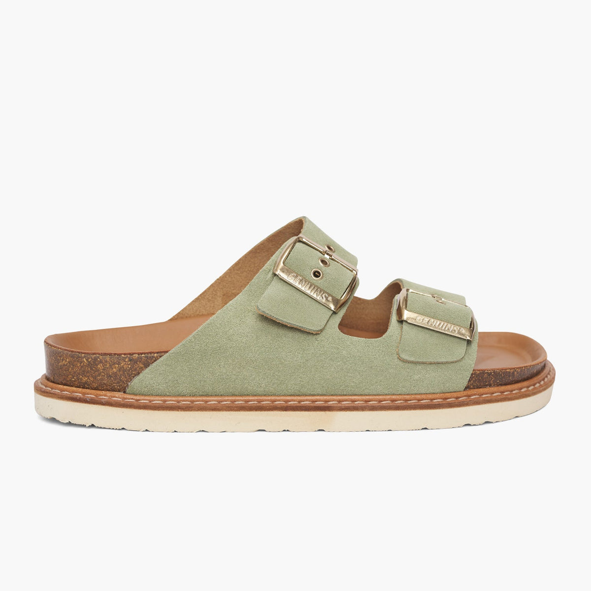 Green velour leather sandal with double foot straps and welted sole